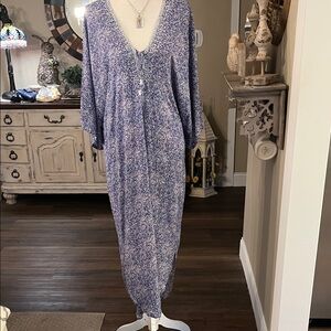 Walker & Wade Blue Patterned Maxi Dress - Beaded V-Neck